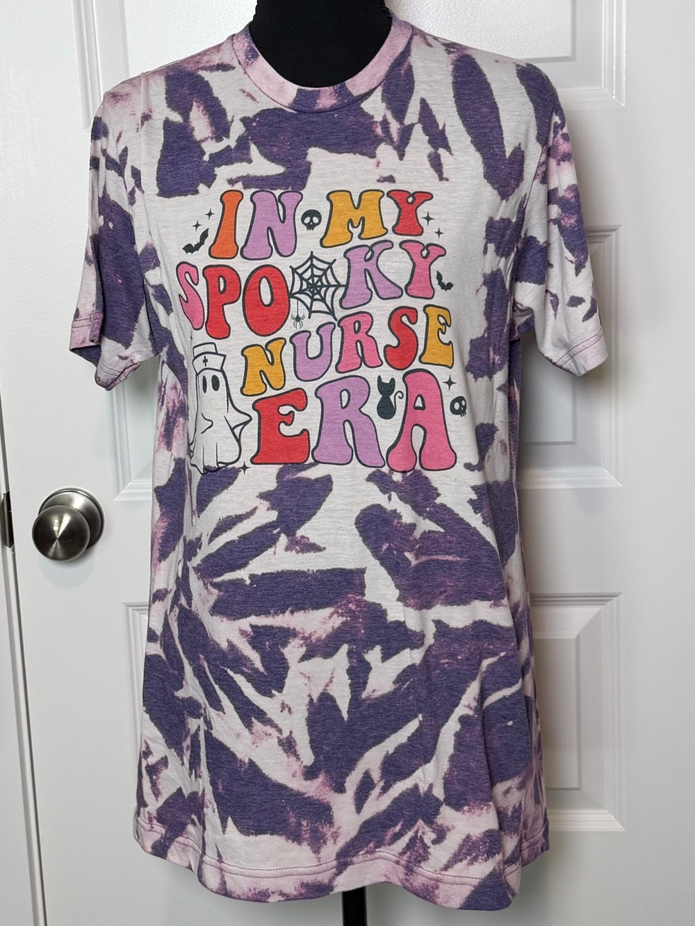 In My Spooky Nurse Era Halloween Tie-Dye Graphic Tee Purple Pink Size Medium